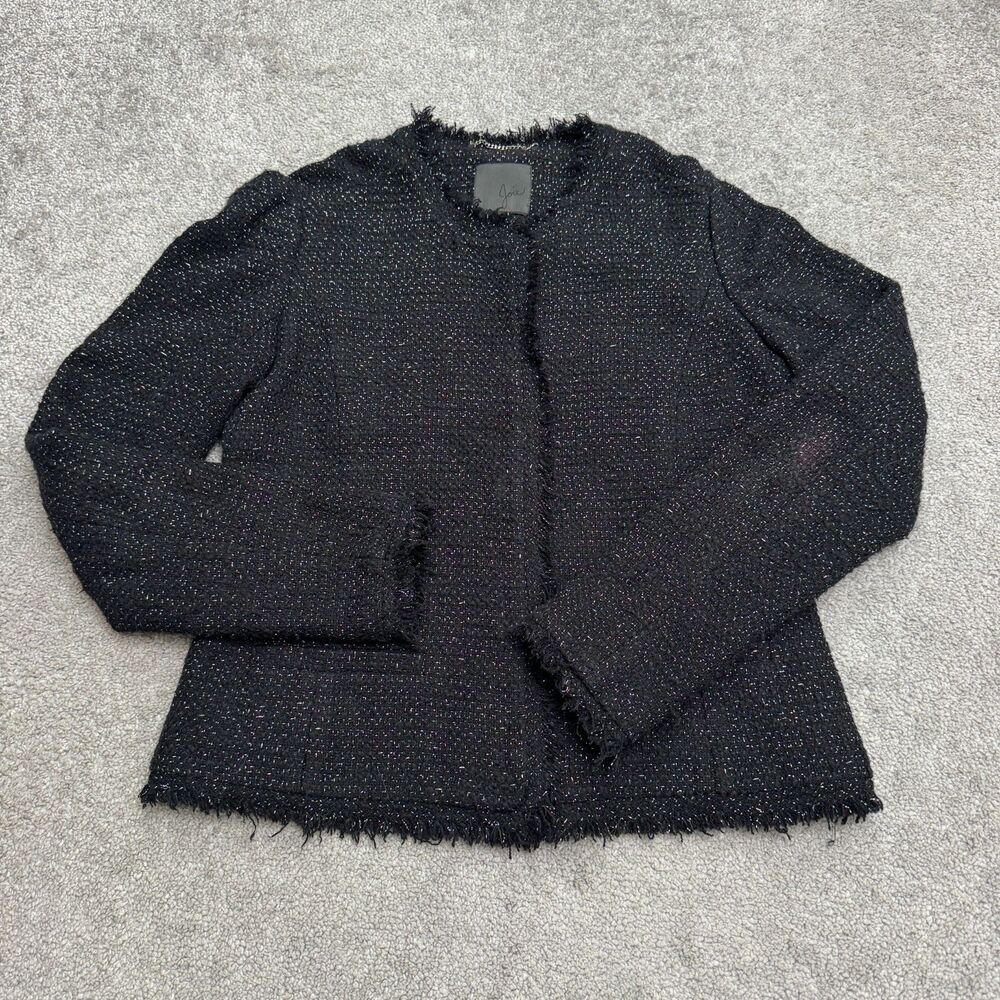 Joie Metallic Boucle Tweed Fringe Raw Hem Snap Front Jacket Womens Medium Black